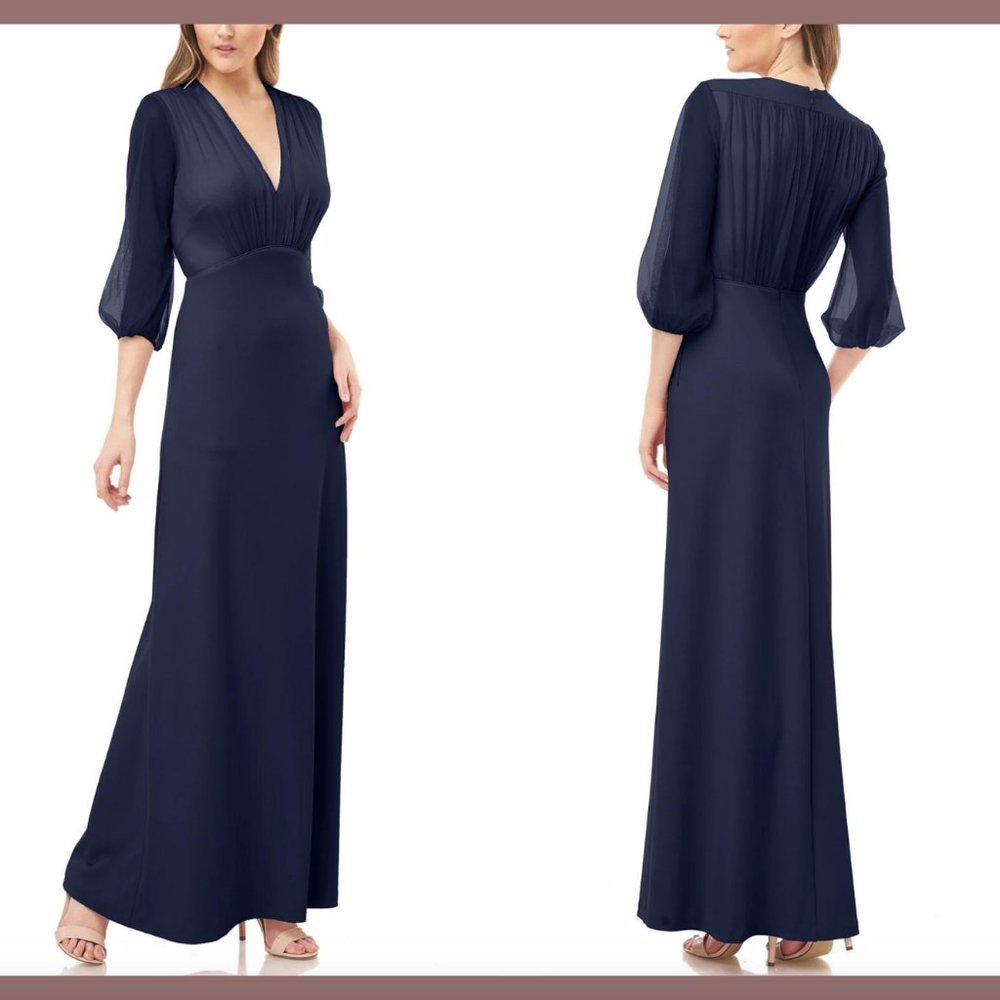 NWD JS Collections Shirred Crepe V-Neck Gown in Navy -ZIPPER STUCK [SZ 14 ] Q111